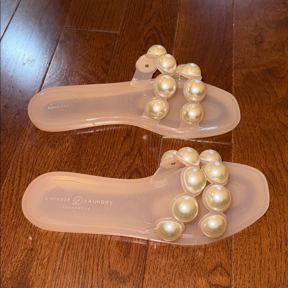 Chinese Laundry Blush Pink Slide Sandals with Pearl Straps - Picture 2 of 3